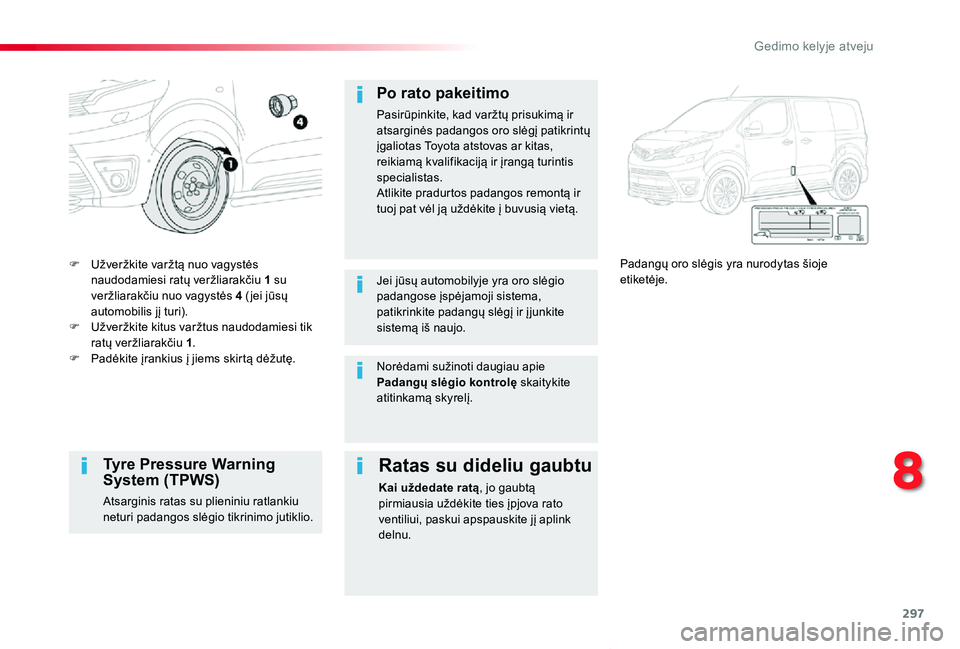 TOYOTA PROACE VERSO 2020 Eksploatavimo vadovas (in Lithuanian) 297
Proace verso_LT_Chap08_En-cas-de-panne_ed2019_V02
F Užveržkite varžtą nuo vagystės naudodamiesi ratų veržliarakčiu 1 su veržliarakčiu nuo vagystės 4 ( jei jūsų automobilis jį turi).F TOYOTA PROACE VERSO 2020 Eksploatavimo vadovas (in Lithuanian) 297
Proace verso_LT_Chap08_En-cas-de-panne_ed2019_V02
F Užveržkite varžtą nuo vagystės naudodamiesi ratų veržliarakčiu 1 su veržliarakčiu nuo vagystės 4 ( jei jūsų automobilis jį turi).F