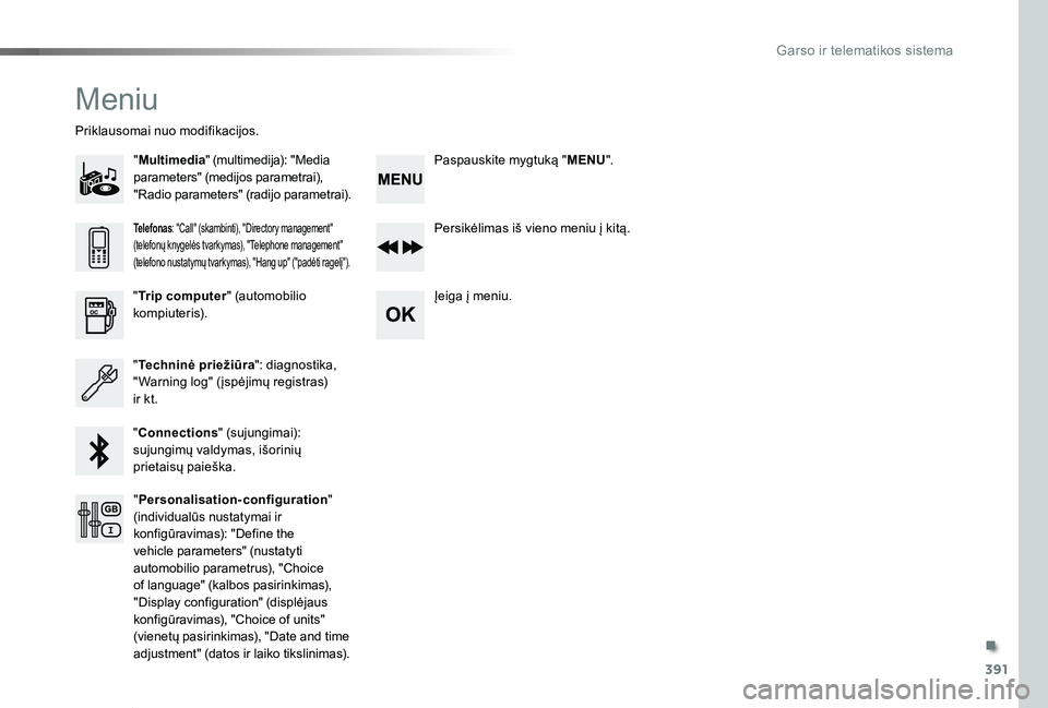 TOYOTA PROACE VERSO 2020  Eksploatavimo vadovas (in Lithuanian) 391
Proace verso_LT_Chap10d_RD6_ed2019_V02
Meniu
"Multimedia" (multimedija): "Media parameters" (medijos parametrai), "Radio parameters" (radijo parametrai).
Priklausomai nuo m