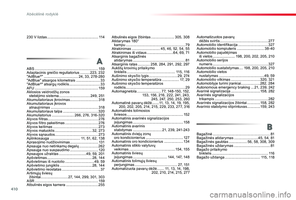 TOYOTA PROACE VERSO 2020 Eksploatavimo vadovas (in Lithuanian) 410
Proace verso_LT_Chap11_index-alpha_ed2019_V02
230 V lizdas ...................................................114Atbulinės eigos žibintas .......................305, 308Atidarymas 180° kampu TOYOTA PROACE VERSO 2020 Eksploatavimo vadovas (in Lithuanian) 410
Proace verso_LT_Chap11_index-alpha_ed2019_V02
230 V lizdas ...................................................114Atbulinės eigos žibintas .......................305, 308Atidarymas 180° kampu