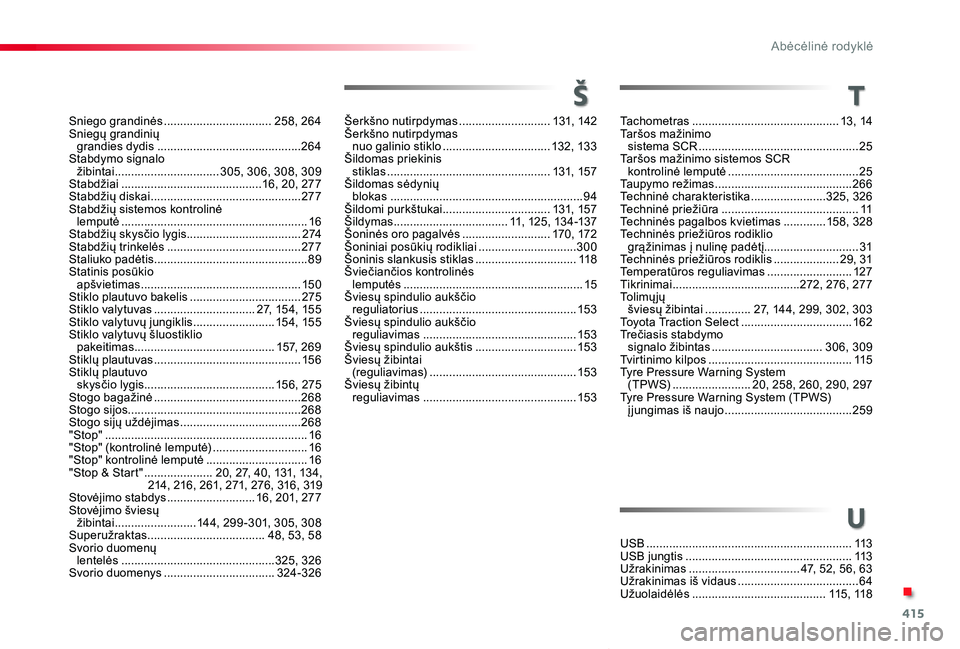 TOYOTA PROACE VERSO 2020 Eksploatavimo vadovas (in Lithuanian) 415
Proace verso_LT_Chap11_index-alpha_ed2019_V02
q
Sniego grandinės .................................258, 264Sniegų grandinių grandies dydis ............................................264Stabdy TOYOTA PROACE VERSO 2020 Eksploatavimo vadovas (in Lithuanian) 415
Proace verso_LT_Chap11_index-alpha_ed2019_V02
q
Sniego grandinės .................................258, 264Sniegų grandinių grandies dydis ............................................264Stabdy