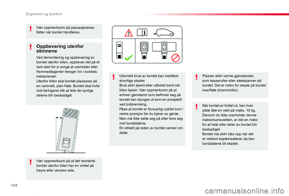 TOYOTA PROACE VERSO 2020  Instruksjoner for bruk (in Norwegian) 124
ProAce_verso_NO_Chap03_ergonomie-et-confort_ed01-2019
Vær oppmerksom på passasjerenes føtter når bordet håndteres.
Ukorrekt bruk av bordet kan medføre alvorlige skader.Bruk aldri åpent elle
