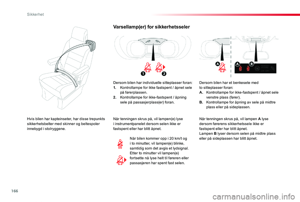 TOYOTA PROACE VERSO 2020  Instruksjoner for bruk (in Norwegian) 166
ProAce_verso_NO_Chap05_securite_ed01-2019
Varsellamp(er) for sikkerhetsseler
Dersom bilen har individuelle sitteplasser foran:1. Kontrollampe for ikke fastspent / åpnet sele på førerplassen.2. 