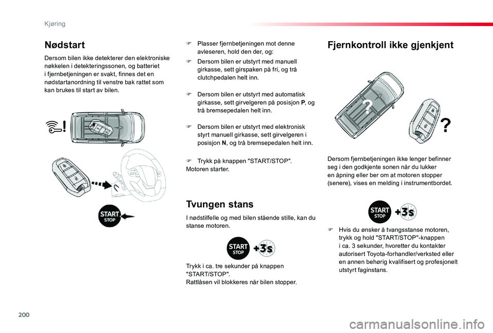 TOYOTA PROACE VERSO 2020 Instruksjoner for bruk (in Norwegian) 200
ProAce_verso_NO_Chap06_conduite_ed01-2019
Nødstart
Dersom bilen ikke detekterer den elektroniske nøkkelen i detekteringssonen, og batteriet i fjernbetjeningen er svakt, finnes det en nødstartan TOYOTA PROACE VERSO 2020 Instruksjoner for bruk (in Norwegian) 200
ProAce_verso_NO_Chap06_conduite_ed01-2019
Nødstart
Dersom bilen ikke detekterer den elektroniske nøkkelen i detekteringssonen, og batteriet i fjernbetjeningen er svakt, finnes det en nødstartan