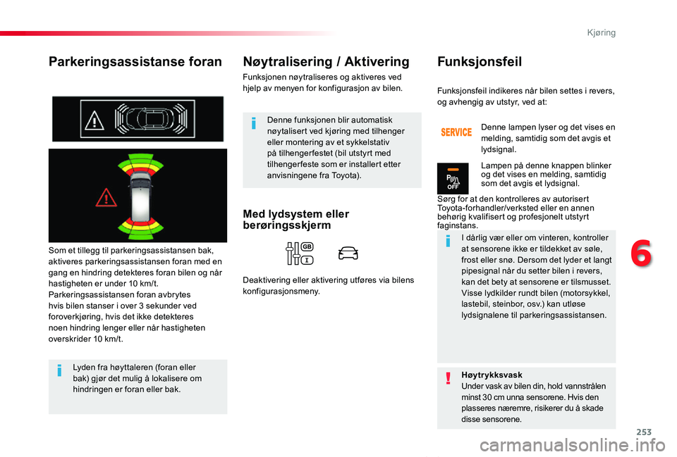 TOYOTA PROACE VERSO 2020 Instruksjoner for bruk (in Norwegian) 253
ProAce_verso_NO_Chap06_conduite_ed01-2019
Parkeringsassistanse foran
Som et tillegg til parkeringsassistansen bak, aktiveres parkeringsassistansen foran med en gang en hindring detekteres foran bi TOYOTA PROACE VERSO 2020 Instruksjoner for bruk (in Norwegian) 253
ProAce_verso_NO_Chap06_conduite_ed01-2019
Parkeringsassistanse foran
Som et tillegg til parkeringsassistansen bak, aktiveres parkeringsassistansen foran med en gang en hindring detekteres foran bi