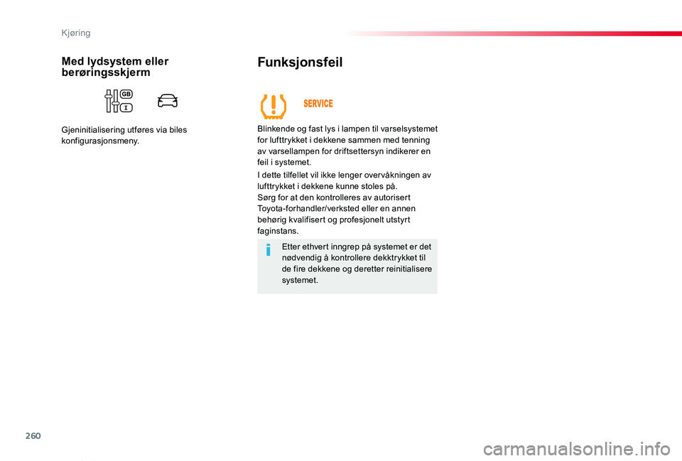 TOYOTA PROACE VERSO 2020 Instruksjoner for bruk (in Norwegian) 260
ProAce_verso_NO_Chap06_conduite_ed01-2019
Funksjonsfeil
Blinkende og fast lys i lampen til varselsystemet for lufttrykket i dekkene sammen med tenning av varsellampen for driftsettersyn indikerer TOYOTA PROACE VERSO 2020 Instruksjoner for bruk (in Norwegian) 260
ProAce_verso_NO_Chap06_conduite_ed01-2019
Funksjonsfeil
Blinkende og fast lys i lampen til varselsystemet for lufttrykket i dekkene sammen med tenning av varsellampen for driftsettersyn indikerer