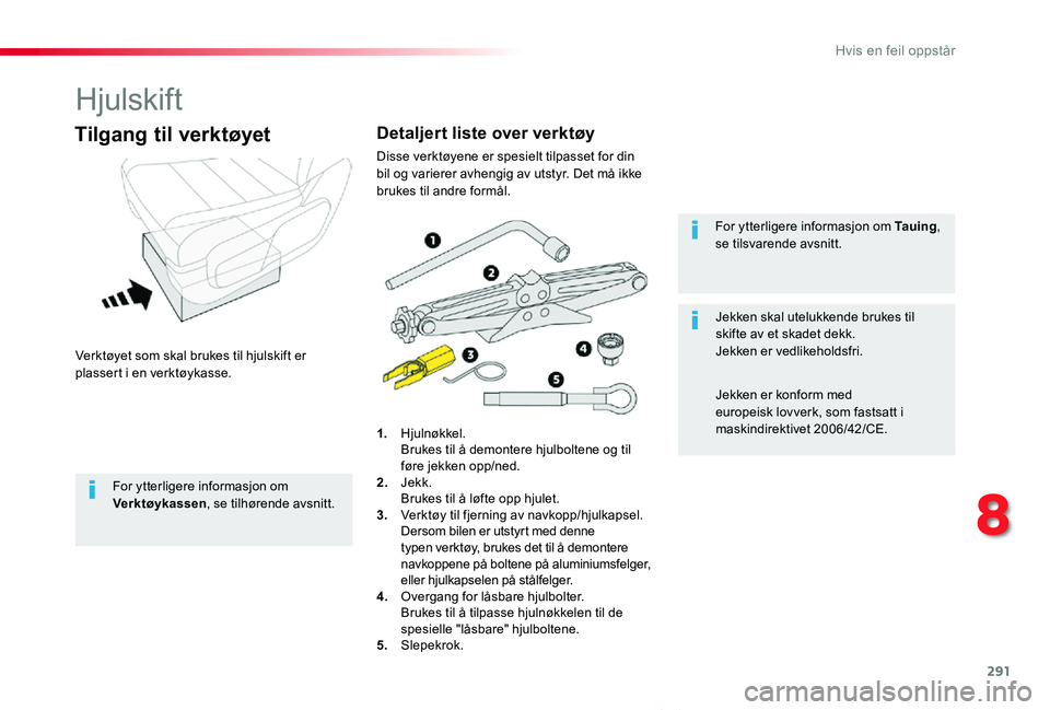 TOYOTA PROACE VERSO 2020 Instruksjoner for bruk (in Norwegian) 291
ProAce_verso_NO_Chap08_En-cas-de-panne_ed01-2019
Hjulskift
Verktøyet som skal brukes til hjulskift er plassert i en verktøykasse.
Tilgang til verktøyet
1. Hjulnøkkel. Brukes til å demontere h TOYOTA PROACE VERSO 2020 Instruksjoner for bruk (in Norwegian) 291
ProAce_verso_NO_Chap08_En-cas-de-panne_ed01-2019
Hjulskift
Verktøyet som skal brukes til hjulskift er plassert i en verktøykasse.
Tilgang til verktøyet
1. Hjulnøkkel. Brukes til å demontere h