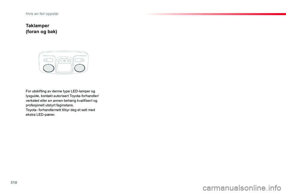 TOYOTA PROACE VERSO 2020 Instruksjoner for bruk (in Norwegian) 310
ProAce_verso_NO_Chap08_En-cas-de-panne_ed01-2019
Taklamper
(foran og bak)
For utskifting av denne type LED-lamper og lysguide, kontakt autorisert Toyota-forhandler/verksted eller en annen behørig TOYOTA PROACE VERSO 2020 Instruksjoner for bruk (in Norwegian) 310
ProAce_verso_NO_Chap08_En-cas-de-panne_ed01-2019
Taklamper
(foran og bak)
For utskifting av denne type LED-lamper og lysguide, kontakt autorisert Toyota-forhandler/verksted eller en annen behørig