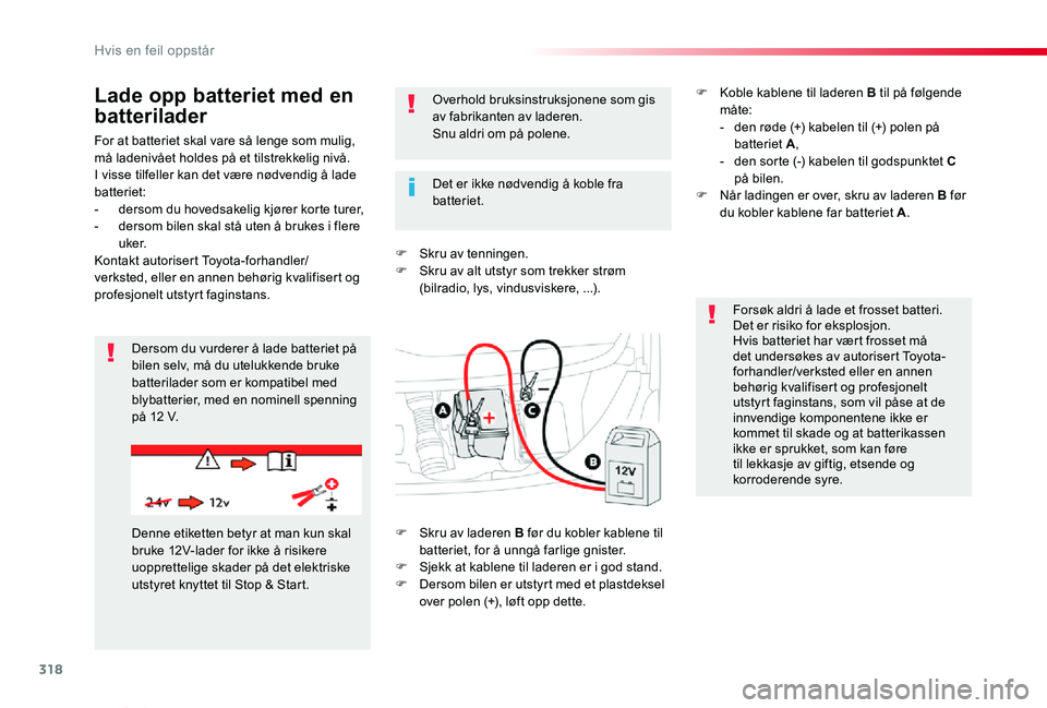 TOYOTA PROACE VERSO 2020 Instruksjoner for bruk (in Norwegian) 318
ProAce_verso_NO_Chap08_En-cas-de-panne_ed01-2019
For at batteriet skal vare så lenge som mulig, må ladenivået holdes på et tilstrekkelig nivå.I visse tilfeller kan det være nødvendig å lad TOYOTA PROACE VERSO 2020 Instruksjoner for bruk (in Norwegian) 318
ProAce_verso_NO_Chap08_En-cas-de-panne_ed01-2019
For at batteriet skal vare så lenge som mulig, må ladenivået holdes på et tilstrekkelig nivå.I visse tilfeller kan det være nødvendig å lad