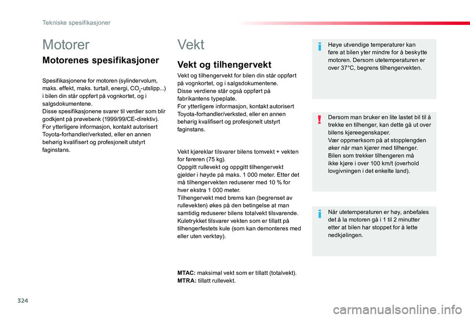TOYOTA PROACE VERSO 2020  Instruksjoner for bruk (in Norwegian) 324
ProAce_verso_NO_Chap09_caracteristiques-techniques_ed01-2019
Motorer
Motorenes spesifikasjoner
Spesifikasjonene for motoren (sylindervolum, maks. effekt, maks. turtall, energi, CO2-utslipp...) i b
