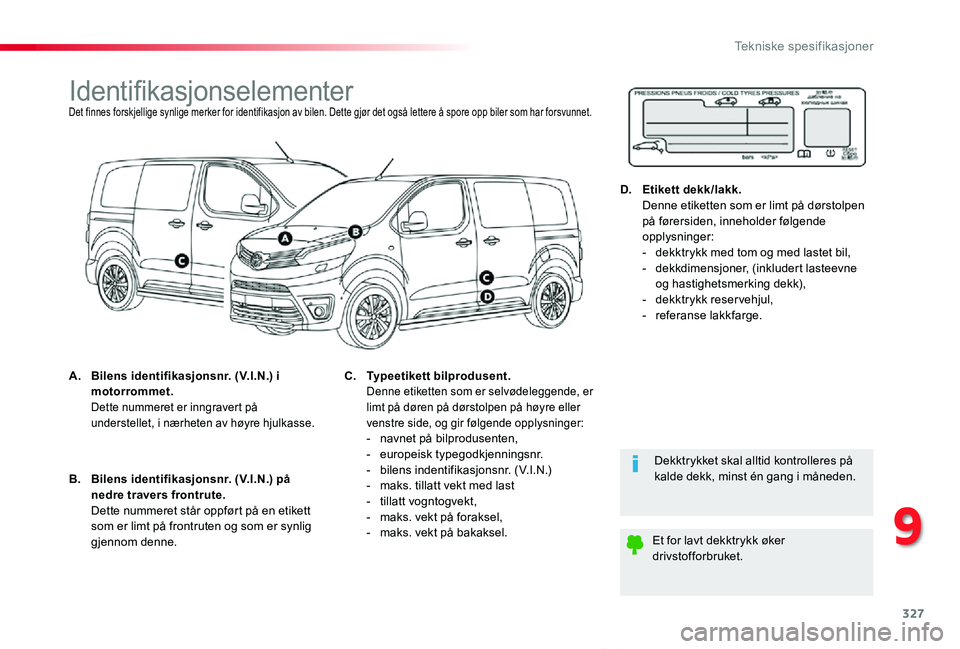 TOYOTA PROACE VERSO 2020  Instruksjoner for bruk (in Norwegian) 327
ProAce_verso_NO_Chap09_caracteristiques-techniques_ed01-2019
IdentifikasjonselementerDet finnes forskjellige synlige merker for identifikasjon av bilen. Dette gjør det også lettere å spore opp 