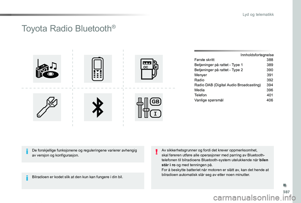 TOYOTA PROACE VERSO 2020  Instruksjoner for bruk (in Norwegian) 387
ProAce_verso_NO_Chap10d_RD6_ed01-2019
Toyota Radio Bluetooth®
InnholdsfortegnelseFørste skritt 388
Betjeninger på rattet - Type 1  389
Betjeninger på rattet - Type 2 390
Menyer  391
Radio 392
