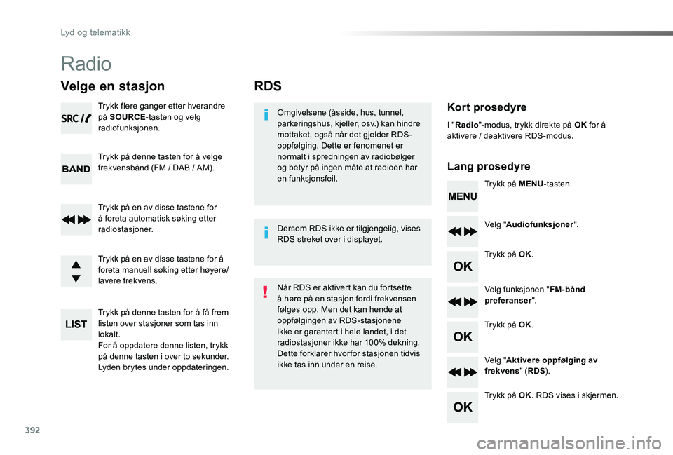 TOYOTA PROACE VERSO 2020 Instruksjoner for bruk (in Norwegian) 392
ProAce_verso_NO_Chap10d_RD6_ed01-2019
RDS
Kort prosedyre
Lang prosedyre
Omgivelsene (åsside, hus, tunnel, parkeringshus, kjeller, osv.) kan hindre mottaket, også når det gjelder RDS-oppfølging TOYOTA PROACE VERSO 2020 Instruksjoner for bruk (in Norwegian) 392
ProAce_verso_NO_Chap10d_RD6_ed01-2019
RDS
Kort prosedyre
Lang prosedyre
Omgivelsene (åsside, hus, tunnel, parkeringshus, kjeller, osv.) kan hindre mottaket, også når det gjelder RDS-oppfølging