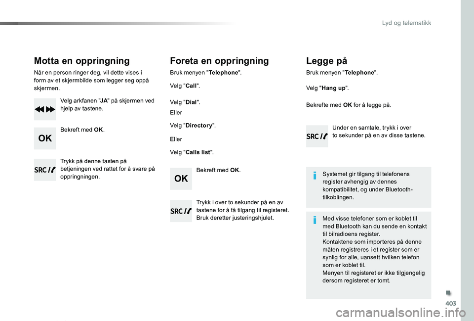 TOYOTA PROACE VERSO 2020  Instruksjoner for bruk (in Norwegian) 403
ProAce_verso_NO_Chap10d_RD6_ed01-2019
Motta en oppringning
Når en person ringer deg, vil dette vises i form av et skjermbilde som legger seg oppå skjermen.
Velg arkfanen "JA" på skjerme