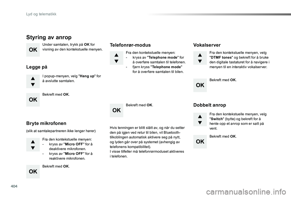 TOYOTA PROACE VERSO 2020  Instruksjoner for bruk (in Norwegian) 404
ProAce_verso_NO_Chap10d_RD6_ed01-2019
Under samtalen, trykk på OK for visning av den kontekstuelle menyen.
I popup-menyen, velg "Hang up" for å avslutte samtalen.
Styring av anrop
Legge 