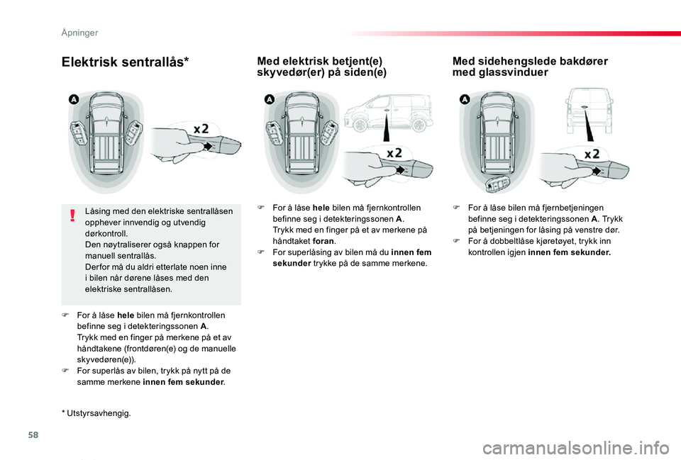 TOYOTA PROACE VERSO 2020 Instruksjoner for bruk (in Norwegian) 58
ProAce_verso_NO_Chap02_ouvertures_ed01-2019
Elektrisk sentrallås*
Låsing med den elektriske sentrallåsen opphever innvendig og utvendig dørkontroll.Den nøytraliserer også knappen for manuell TOYOTA PROACE VERSO 2020 Instruksjoner for bruk (in Norwegian) 58
ProAce_verso_NO_Chap02_ouvertures_ed01-2019
Elektrisk sentrallås*
Låsing med den elektriske sentrallåsen opphever innvendig og utvendig dørkontroll.Den nøytraliserer også knappen for manuell