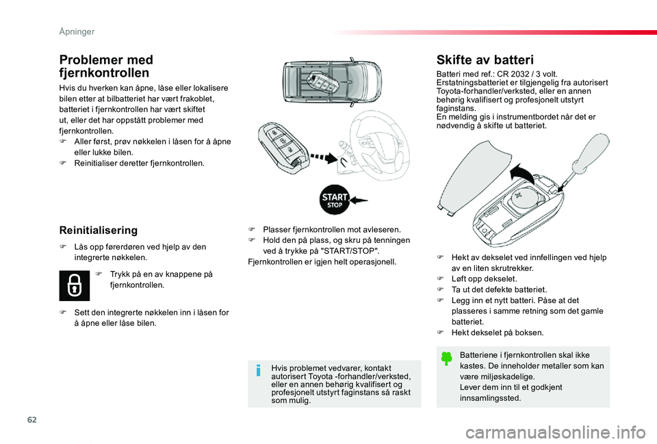 TOYOTA PROACE VERSO 2020 Instruksjoner for bruk (in Norwegian) 62
ProAce_verso_NO_Chap02_ouvertures_ed01-2019
Skifte av batteri
Batteri med ref.: CR 2032 / 3 volt.Erstatningsbatteriet er tilgjengelig fra autorisert Toyota-forhandler/verksted, eller en annen behø TOYOTA PROACE VERSO 2020 Instruksjoner for bruk (in Norwegian) 62
ProAce_verso_NO_Chap02_ouvertures_ed01-2019
Skifte av batteri
Batteri med ref.: CR 2032 / 3 volt.Erstatningsbatteriet er tilgjengelig fra autorisert Toyota-forhandler/verksted, eller en annen behø