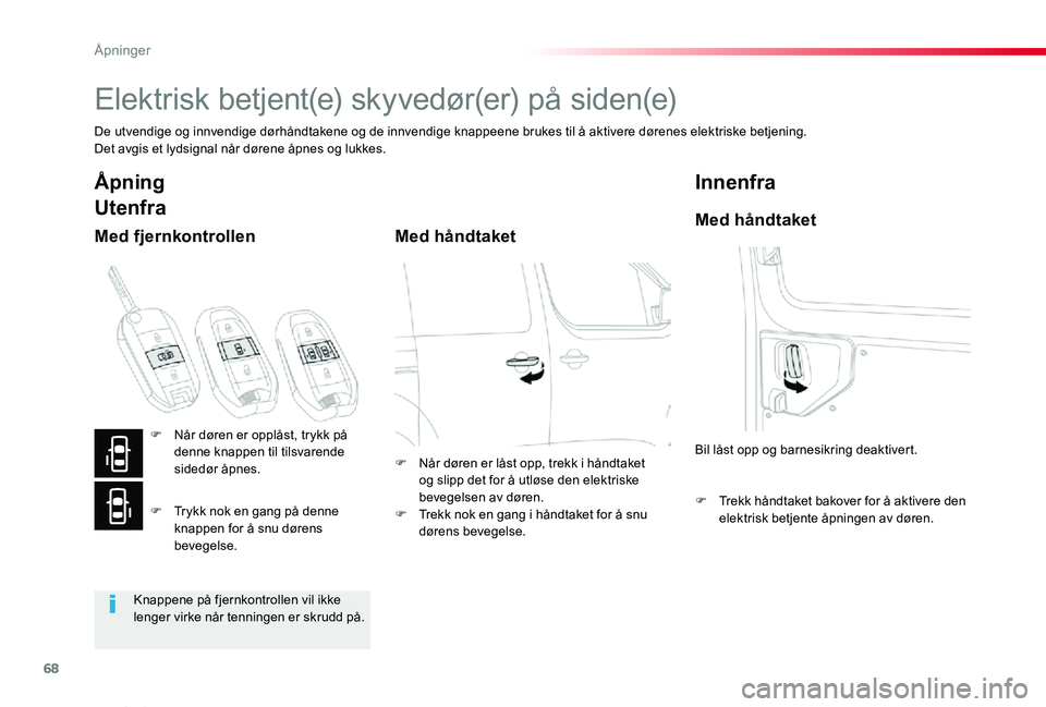 TOYOTA PROACE VERSO 2020 Instruksjoner for bruk (in Norwegian) 68
ProAce_verso_NO_Chap02_ouvertures_ed01-2019
Elektrisk betjent(e) skyvedør(er) på siden(e)
De utvendige og innvendige dørhåndtakene og de innvendige knappeene brukes til å aktivere dørenes ele TOYOTA PROACE VERSO 2020 Instruksjoner for bruk (in Norwegian) 68
ProAce_verso_NO_Chap02_ouvertures_ed01-2019
Elektrisk betjent(e) skyvedør(er) på siden(e)
De utvendige og innvendige dørhåndtakene og de innvendige knappeene brukes til å aktivere dørenes ele