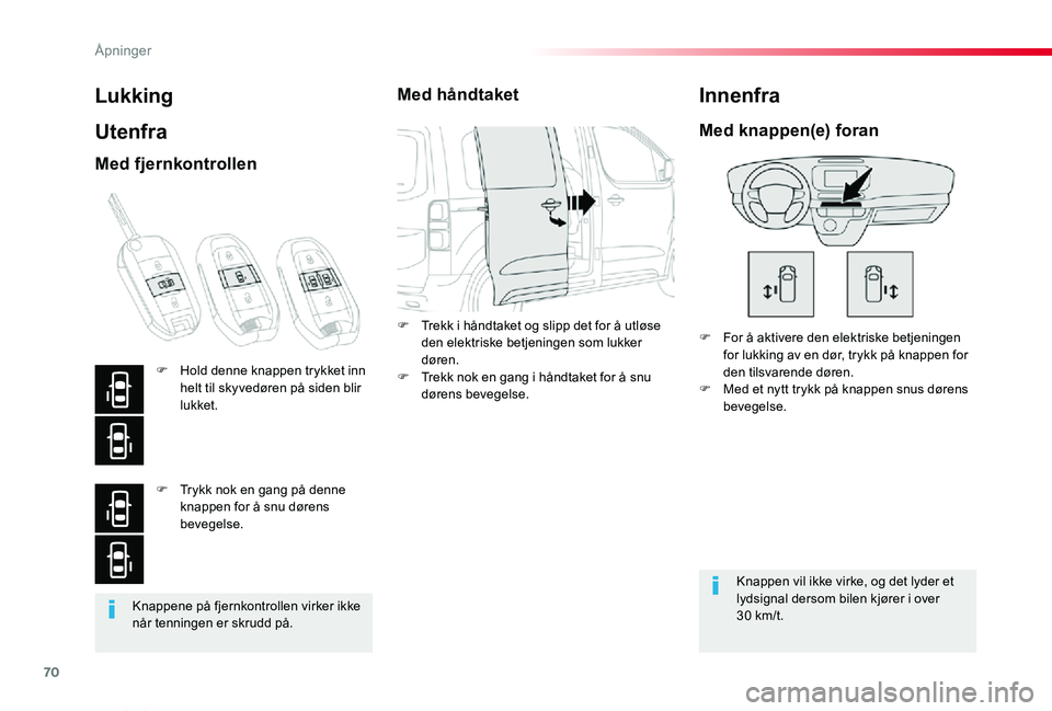TOYOTA PROACE VERSO 2020 Instruksjoner for bruk (in Norwegian) 70
ProAce_verso_NO_Chap02_ouvertures_ed01-2019
Knappene på fjernkontrollen virker ikke når tenningen er skrudd på.
Lukking
Utenfra
F For å aktivere den elektriske betjeningen for lukking av en dø TOYOTA PROACE VERSO 2020 Instruksjoner for bruk (in Norwegian) 70
ProAce_verso_NO_Chap02_ouvertures_ed01-2019
Knappene på fjernkontrollen virker ikke når tenningen er skrudd på.
Lukking
Utenfra
F For å aktivere den elektriske betjeningen for lukking av en dø
