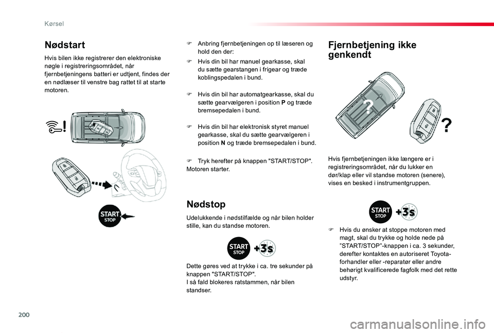 TOYOTA PROACE VERSO 2020  Brugsanvisning (in Danish) 200
ProaceVerso_da_Chap06_conduite_ed2019_V02
Nødstart
Hvis bilen ikke registrerer den elektroniske nøgle i registreringsområdet, når fjernbetjeningens batteri er udtjent, findes der en nødlæser