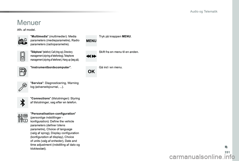 TOYOTA PROACE VERSO 2020 Brugsanvisning (in Danish) 391
ProaceVerso_da_Chap10d_RD6_ed2019_V02
Menuer
"Multimedia" (multimedier): Media parameters (medieparametre), Radio parameters (radioparametre).
Afh. af model.
Skift fra en menu til en anden TOYOTA PROACE VERSO 2020 Brugsanvisning (in Danish) 391
ProaceVerso_da_Chap10d_RD6_ed2019_V02
Menuer
"Multimedia" (multimedier): Media parameters (medieparametre), Radio parameters (radioparametre).
Afh. af model.
Skift fra en menu til en anden