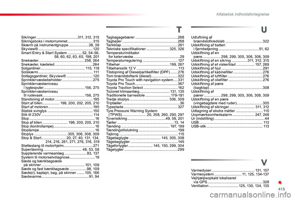 TOYOTA PROACE VERSO 2020 Brugsanvisning (in Danish) 415
ProaceVerso_da_Chap11_index-alpha_ed2019_V02
Tagbagagebærer ..........................................268Tagbøjler .......................................................268Tankklap ............ TOYOTA PROACE VERSO 2020 Brugsanvisning (in Danish) 415
ProaceVerso_da_Chap11_index-alpha_ed2019_V02
Tagbagagebærer ..........................................268Tagbøjler .......................................................268Tankklap ............