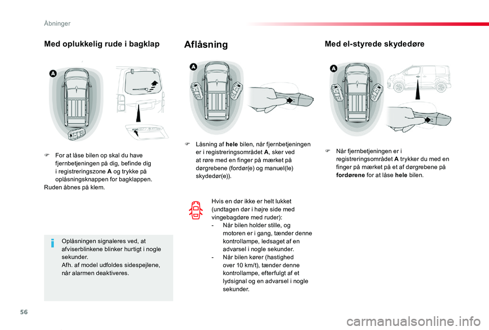 TOYOTA PROACE VERSO 2020  Brugsanvisning (in Danish) 56
ProaceVerso_da_Chap02_ouvertures_ed2019_V02
Med oplukkelig rude i bagklap
F For at låse bilen op skal du have fjernbetjeningen på dig, befinde dig i registreringszone A og trykke på oplåsningsk