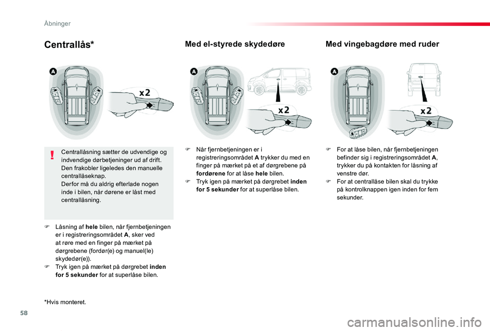 TOYOTA PROACE VERSO 2020  Brugsanvisning (in Danish) 58
ProaceVerso_da_Chap02_ouvertures_ed2019_V02
Centrallås*
Centrallåsning sætter de udvendige og indvendige dørbetjeninger ud af drift.Den frakobler ligeledes den manuelle centrallåseknap.Der for
