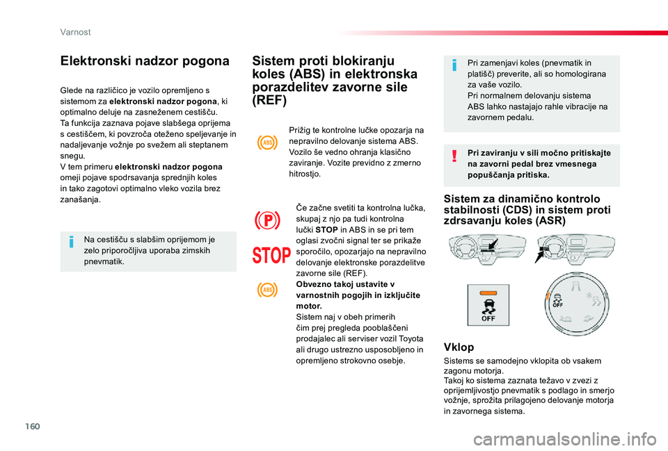 TOYOTA PROACE VERSO 2020  Navodila Za Uporabo (in Slovenian) 160
Proace Verso_sl_Chap05_securite_ed2019_V02
Sistem proti blokiranju 
koles (ABS) in elektronska 
porazdelitev zavorne sile 
(REF)
Pri zaviranju v sili močno pritiskajte na zavorni pedal brez vmesn