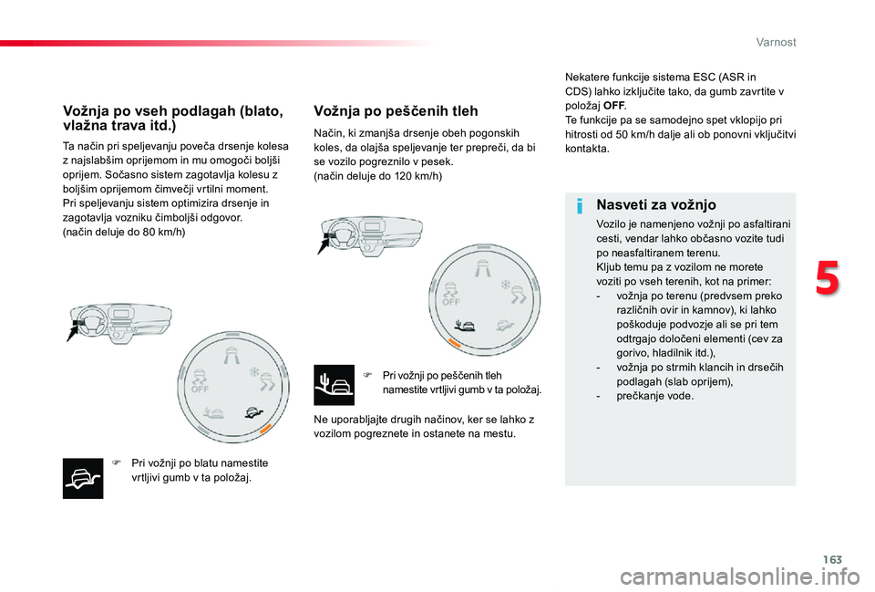 TOYOTA PROACE VERSO 2020 Navodila Za Uporabo (in Slovenian) 163
Proace Verso_sl_Chap05_securite_ed2019_V02
Ta način pri speljevanju poveča drsenje kolesa z najslabšim oprijemom in mu omogoči boljši oprijem. Sočasno sistem zagotavlja kolesu z boljšim opr TOYOTA PROACE VERSO 2020 Navodila Za Uporabo (in Slovenian) 163
Proace Verso_sl_Chap05_securite_ed2019_V02
Ta način pri speljevanju poveča drsenje kolesa z najslabšim oprijemom in mu omogoči boljši oprijem. Sočasno sistem zagotavlja kolesu z boljšim opr