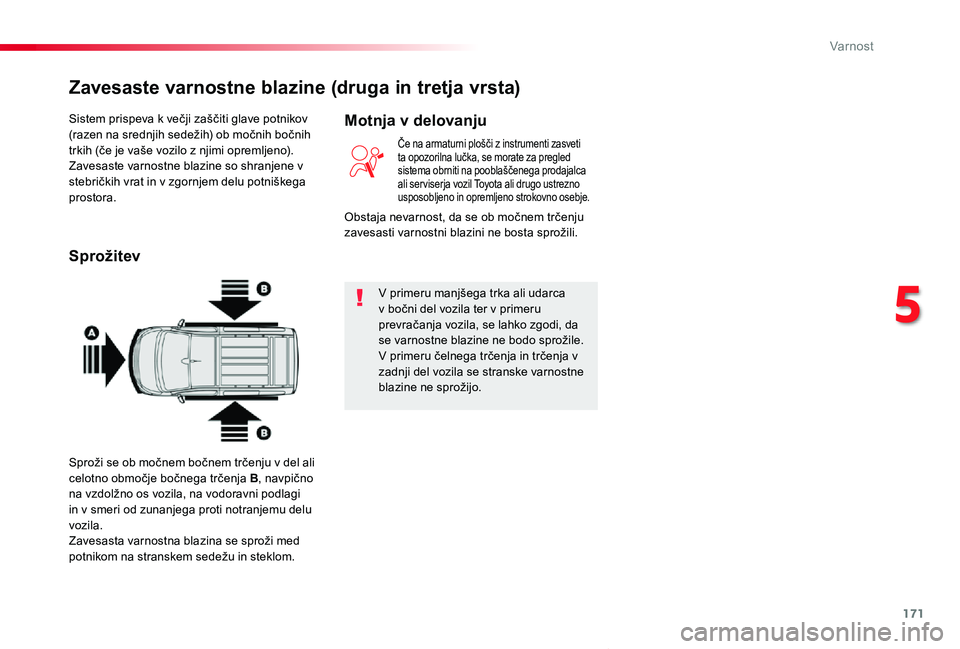 TOYOTA PROACE VERSO 2020 Navodila Za Uporabo (in Slovenian) 171
Proace Verso_sl_Chap05_securite_ed2019_V02
Sistem prispeva k večji zaščiti glave potnikov (razen na srednjih sedežih) ob močnih bočnih trkih (če je vaše vozilo z njimi opremljeno).Zavesast TOYOTA PROACE VERSO 2020 Navodila Za Uporabo (in Slovenian) 171
Proace Verso_sl_Chap05_securite_ed2019_V02
Sistem prispeva k večji zaščiti glave potnikov (razen na srednjih sedežih) ob močnih bočnih trkih (če je vaše vozilo z njimi opremljeno).Zavesast
