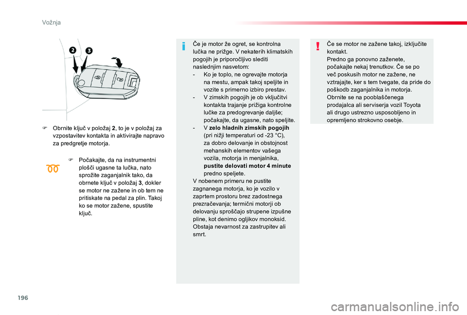 TOYOTA PROACE VERSO 2020 Navodila Za Uporabo (in Slovenian) 196
Proace Verso_sl_Chap06_conduite_ed2019_V02
F Obrnite ključ v položaj 2, to je v položaj za vzpostavitev kontakta in aktivirajte napravo za predgretje motorja.
F Počakajte, da na instrumentni p TOYOTA PROACE VERSO 2020 Navodila Za Uporabo (in Slovenian) 196
Proace Verso_sl_Chap06_conduite_ed2019_V02
F Obrnite ključ v položaj 2, to je v položaj za vzpostavitev kontakta in aktivirajte napravo za predgretje motorja.
F Počakajte, da na instrumentni p