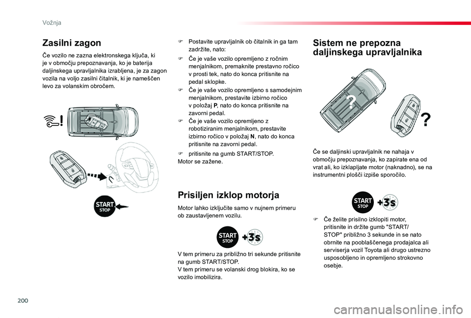 TOYOTA PROACE VERSO 2020 Navodila Za Uporabo (in Slovenian) 200
Proace Verso_sl_Chap06_conduite_ed2019_V02
Zasilni zagon
Če vozilo ne zazna elektronskega ključa, ki je v območju prepoznavanja, ko je baterija daljinskega upravljalnika izrabljena, je za zagon TOYOTA PROACE VERSO 2020 Navodila Za Uporabo (in Slovenian) 200
Proace Verso_sl_Chap06_conduite_ed2019_V02
Zasilni zagon
Če vozilo ne zazna elektronskega ključa, ki je v območju prepoznavanja, ko je baterija daljinskega upravljalnika izrabljena, je za zagon