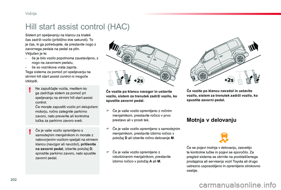TOYOTA PROACE VERSO 2020 Navodila Za Uporabo (in Slovenian) 202
Proace Verso_sl_Chap06_conduite_ed2019_V02
Hill start assist control (HAC)
Sistem pri speljevanju na klancu za kratek čas zadrži vozilo (približno dve sekundi). To je čas, ki ga potrebujete, d TOYOTA PROACE VERSO 2020 Navodila Za Uporabo (in Slovenian) 202
Proace Verso_sl_Chap06_conduite_ed2019_V02
Hill start assist control (HAC)
Sistem pri speljevanju na klancu za kratek čas zadrži vozilo (približno dve sekundi). To je čas, ki ga potrebujete, d