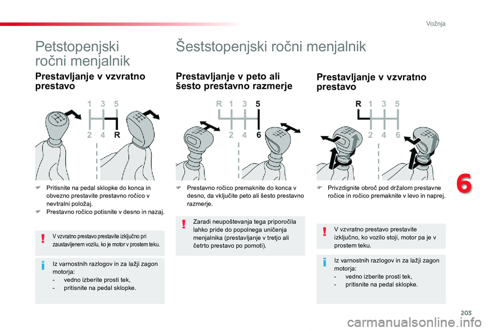 TOYOTA PROACE VERSO 2020 Navodila Za Uporabo (in Slovenian) 203
Proace Verso_sl_Chap06_conduite_ed2019_V02
V vzvratno prestavo prestavite izključno, ko vozilo stoji, motor pa je v prostem teku.
Iz varnostnih razlogov in za lažji zagon motorja:- vedno izberit TOYOTA PROACE VERSO 2020 Navodila Za Uporabo (in Slovenian) 203
Proace Verso_sl_Chap06_conduite_ed2019_V02
V vzvratno prestavo prestavite izključno, ko vozilo stoji, motor pa je v prostem teku.
Iz varnostnih razlogov in za lažji zagon motorja:- vedno izberit