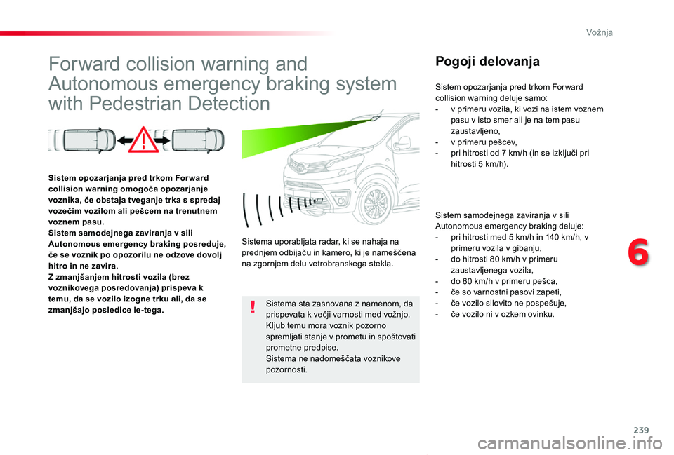 TOYOTA PROACE VERSO 2020 Navodila Za Uporabo (in Slovenian) 239
Proace Verso_sl_Chap06_conduite_ed2019_V02
Forward collision warning and
Autonomous emergency braking system
with Pedestrian Detection
Pogoji delovanja
Sistem samodejnega zaviranja v sili Autono TOYOTA PROACE VERSO 2020 Navodila Za Uporabo (in Slovenian) 239
Proace Verso_sl_Chap06_conduite_ed2019_V02
Forward collision warning and
Autonomous emergency braking system
with Pedestrian Detection
Pogoji delovanja
Sistem samodejnega zaviranja v sili Autono
