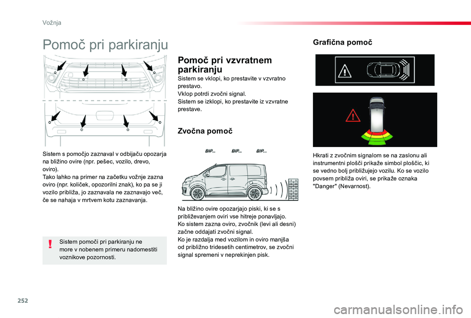 TOYOTA PROACE VERSO 2020 Navodila Za Uporabo (in Slovenian) 252
Proace Verso_sl_Chap06_conduite_ed2019_V02
Sistem s pomočjo zaznaval v odbijaču opozarja na bližino ovire (npr. pešec, vozilo, drevo, oviro).Tako lahko na primer na začetku vožnje zazna ovir TOYOTA PROACE VERSO 2020 Navodila Za Uporabo (in Slovenian) 252
Proace Verso_sl_Chap06_conduite_ed2019_V02
Sistem s pomočjo zaznaval v odbijaču opozarja na bližino ovire (npr. pešec, vozilo, drevo, oviro).Tako lahko na primer na začetku vožnje zazna ovir