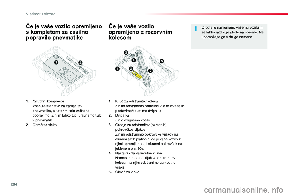 TOYOTA PROACE VERSO 2020 Navodila Za Uporabo (in Slovenian) 284
Proace Verso_sl_Chap08_En-cas-de-panne_ed2019_V02
Če je vaše vozilo opremljeno
s kompletom za zasilno
popravilo pnevmatike
1. 12-voltni kompresor Vsebuje sredstvo za zamašitev pnevmatike, s TOYOTA PROACE VERSO 2020 Navodila Za Uporabo (in Slovenian) 284
Proace Verso_sl_Chap08_En-cas-de-panne_ed2019_V02
Če je vaše vozilo opremljeno
s kompletom za zasilno
popravilo pnevmatike
1. 12-voltni kompresor Vsebuje sredstvo za zamašitev pnevmatike, s