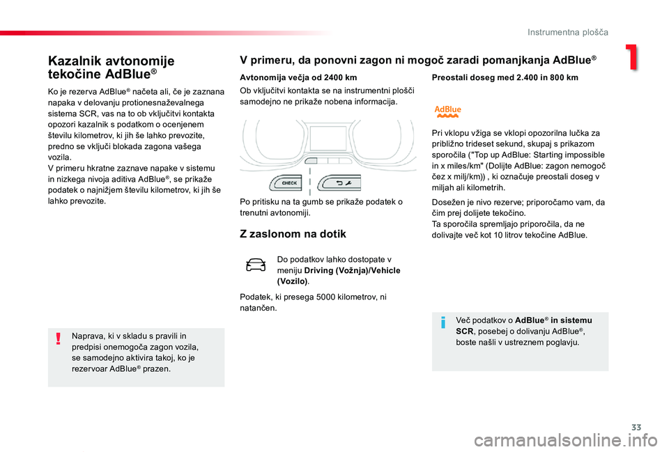 TOYOTA PROACE VERSO 2020 Navodila Za Uporabo (in Slovenian) 33
Proace Verso_sl_Chap01_instruments-de-bord_ed2019_V02
Kazalnik avtonomije
tekočine AdBlue®
Ko je rezer va AdBlue® načeta ali, če je zaznana napaka v delovanju protionesnaževalnega sistema SC TOYOTA PROACE VERSO 2020 Navodila Za Uporabo (in Slovenian) 33
Proace Verso_sl_Chap01_instruments-de-bord_ed2019_V02
Kazalnik avtonomije
tekočine AdBlue®
Ko je rezer va AdBlue® načeta ali, če je zaznana napaka v delovanju protionesnaževalnega sistema SC