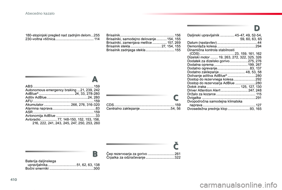TOYOTA PROACE VERSO 2020 Navodila Za Uporabo (in Slovenian) 410
Proace Verso_sl_Chap11_index-alpha_ed2019_V02
ABS ...............................................................159Autonomous emergency braking ...21, 239, 242AdBlue® ......................... TOYOTA PROACE VERSO 2020 Navodila Za Uporabo (in Slovenian) 410
Proace Verso_sl_Chap11_index-alpha_ed2019_V02
ABS ...............................................................159Autonomous emergency braking ...21, 239, 242AdBlue® .........................
