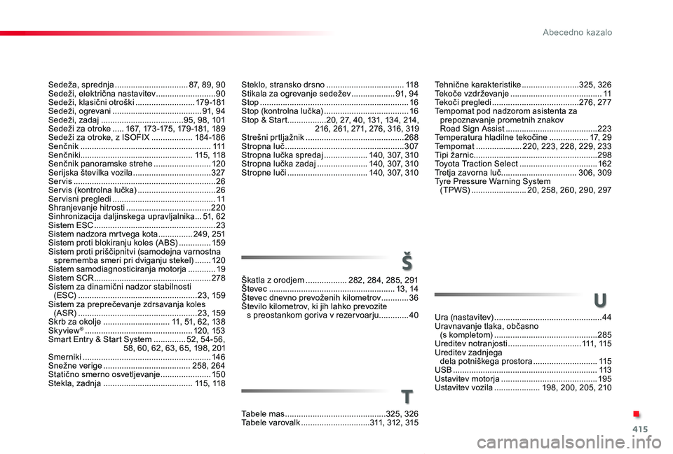 TOYOTA PROACE VERSO 2020 Navodila Za Uporabo (in Slovenian) 415
Proace Verso_sl_Chap11_index-alpha_ed2019_V02
Steklo, stransko drsno ..................................11 8Stikala za ogrevanje sedežev ...................91, 94Stop ............................ TOYOTA PROACE VERSO 2020 Navodila Za Uporabo (in Slovenian) 415
Proace Verso_sl_Chap11_index-alpha_ed2019_V02
Steklo, stransko drsno ..................................11 8Stikala za ogrevanje sedežev ...................91, 94Stop ............................
