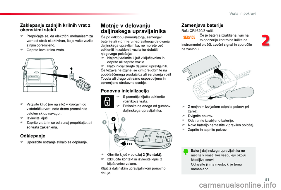 TOYOTA PROACE VERSO 2020 Navodila Za Uporabo (in Slovenian) 51
Proace Verso_sl_Chap02_ouvertures_ed2019_V02
Zamenjava baterije
Baterij daljinskega upravljalnika ne mečite v smeti, ker vsebujejo okolju škodljive snovi.Odnesite jih na mesto, ki je temu namenje TOYOTA PROACE VERSO 2020 Navodila Za Uporabo (in Slovenian) 51
Proace Verso_sl_Chap02_ouvertures_ed2019_V02
Zamenjava baterije
Baterij daljinskega upravljalnika ne mečite v smeti, ker vsebujejo okolju škodljive snovi.Odnesite jih na mesto, ki je temu namenje
