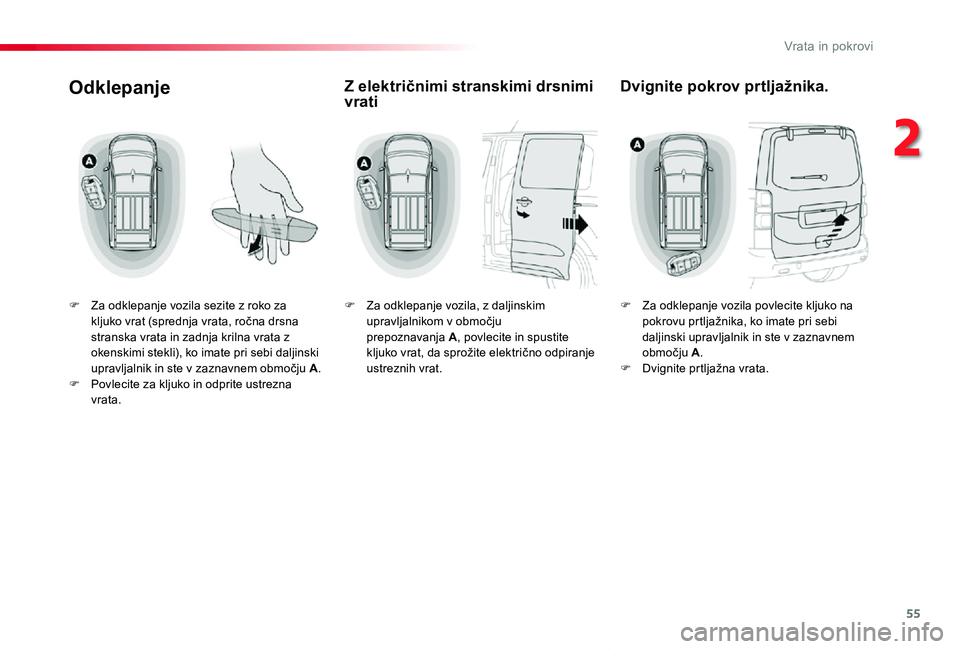 TOYOTA PROACE VERSO 2020 Navodila Za Uporabo (in Slovenian) 55
Proace Verso_sl_Chap02_ouvertures_ed2019_V02
Odklepanje
F Za odklepanje vozila sezite z roko za kljuko vrat (sprednja vrata, ročna drsna stranska vrata in zadnja krilna vrata z okenskimi stekli), TOYOTA PROACE VERSO 2020 Navodila Za Uporabo (in Slovenian) 55
Proace Verso_sl_Chap02_ouvertures_ed2019_V02
Odklepanje
F Za odklepanje vozila sezite z roko za kljuko vrat (sprednja vrata, ročna drsna stranska vrata in zadnja krilna vrata z okenskimi stekli),