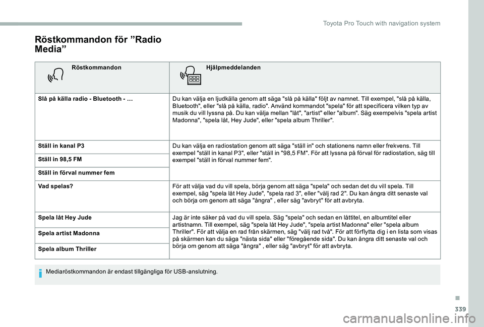 TOYOTA PROACE VERSO 2020 Bruksanvisningar (in Swedish) 339
Röstkommandon för ”Radio
Media”
RöstkommandonHjälpmeddelanden
Slå på källa radio - Bluetooth - …Du kan välja en ljudkälla genom att säga "slå på källa" följt av namnet TOYOTA PROACE VERSO 2020 Bruksanvisningar (in Swedish) 339
Röstkommandon för ”Radio
Media”
RöstkommandonHjälpmeddelanden
Slå på källa radio - Bluetooth - …Du kan välja en ljudkälla genom att säga "slå på källa" följt av namnet