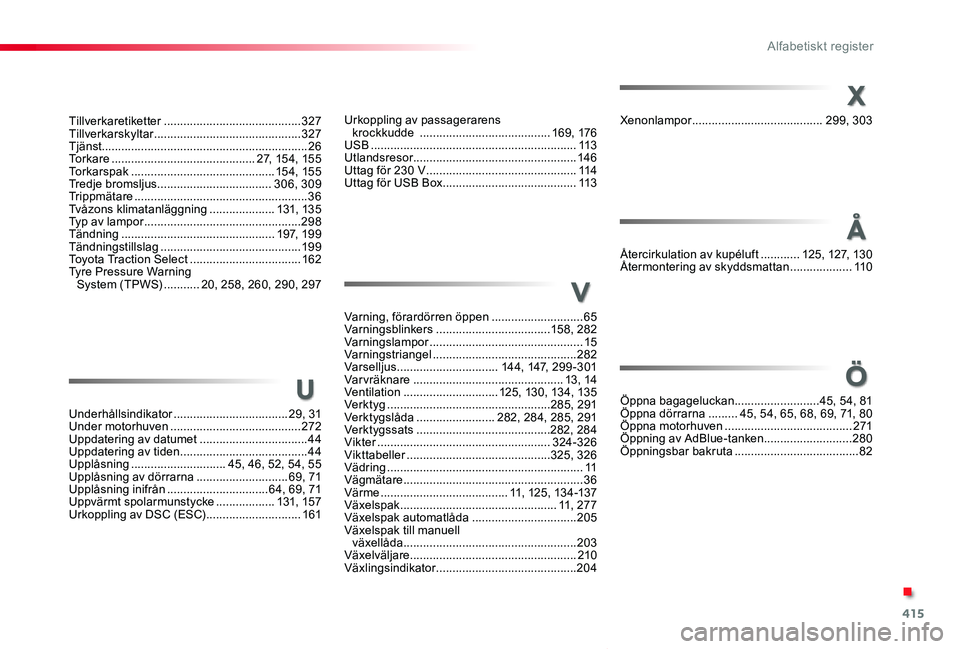 TOYOTA PROACE VERSO 2020  Bruksanvisningar (in Swedish) 415
Proace verso_sv_Chap11_index-alpha_ed01-2019
Urkoppling av passagerarens krockkudde  ........................................169, 176USB ...........................................................