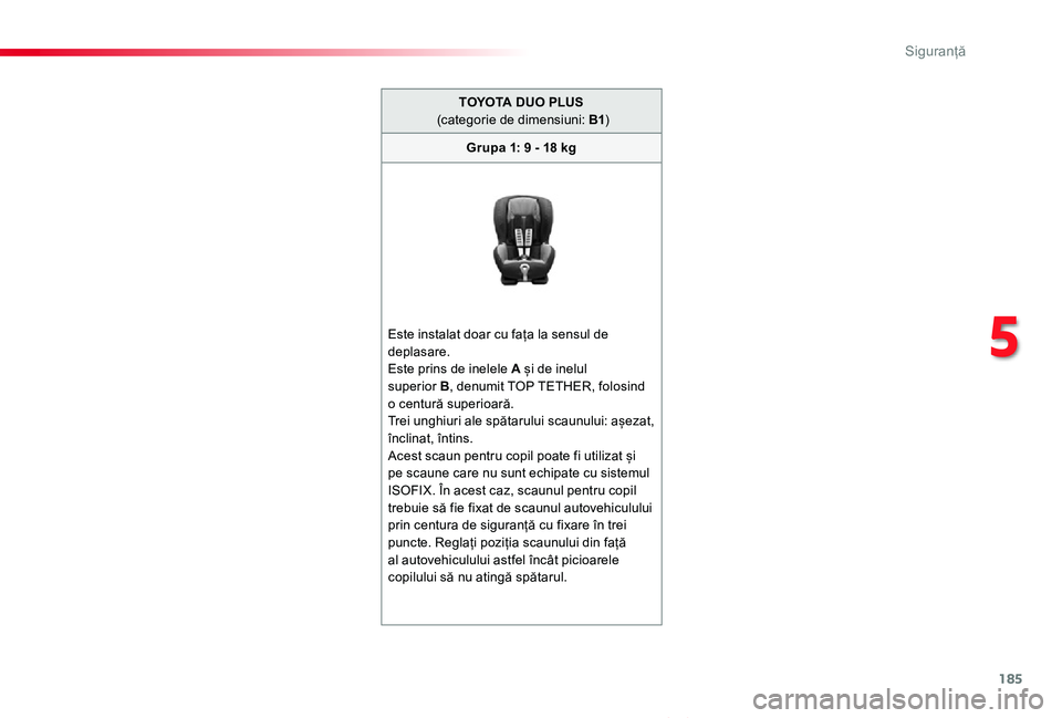 TOYOTA PROACE VERSO 2020 Manual de utilizare (in Romanian) 185
Proace_Verso_RO_Chap05_securite_ed2019_V02
TOYOTA DUO PLUS (categorie de dimensiuni: B1)
Grupa 1: 9 - 18 kg
Este instalat doar cu fața la sensul de deplasare.Este prins de inelele A și de inelu TOYOTA PROACE VERSO 2020 Manual de utilizare (in Romanian) 185
Proace_Verso_RO_Chap05_securite_ed2019_V02
TOYOTA DUO PLUS (categorie de dimensiuni: B1)
Grupa 1: 9 - 18 kg
Este instalat doar cu fața la sensul de deplasare.Este prins de inelele A și de inelu