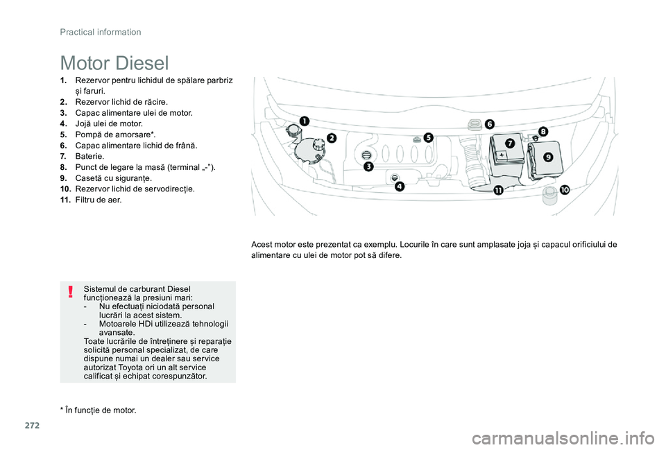 TOYOTA PROACE VERSO 2020 Manual de utilizare (in Romanian) 272
* În funcție de motor.
Motor Diesel
1. Rezer vor pentru lichidul de spălare parbriz și faruri.2. Rezer vor lichid de răcire.3. Capac alimentare ulei de motor.4. Jojă ulei de motor.5. Pomp TOYOTA PROACE VERSO 2020 Manual de utilizare (in Romanian) 272
* În funcție de motor.
Motor Diesel
1. Rezer vor pentru lichidul de spălare parbriz și faruri.2. Rezer vor lichid de răcire.3. Capac alimentare ulei de motor.4. Jojă ulei de motor.5. Pomp