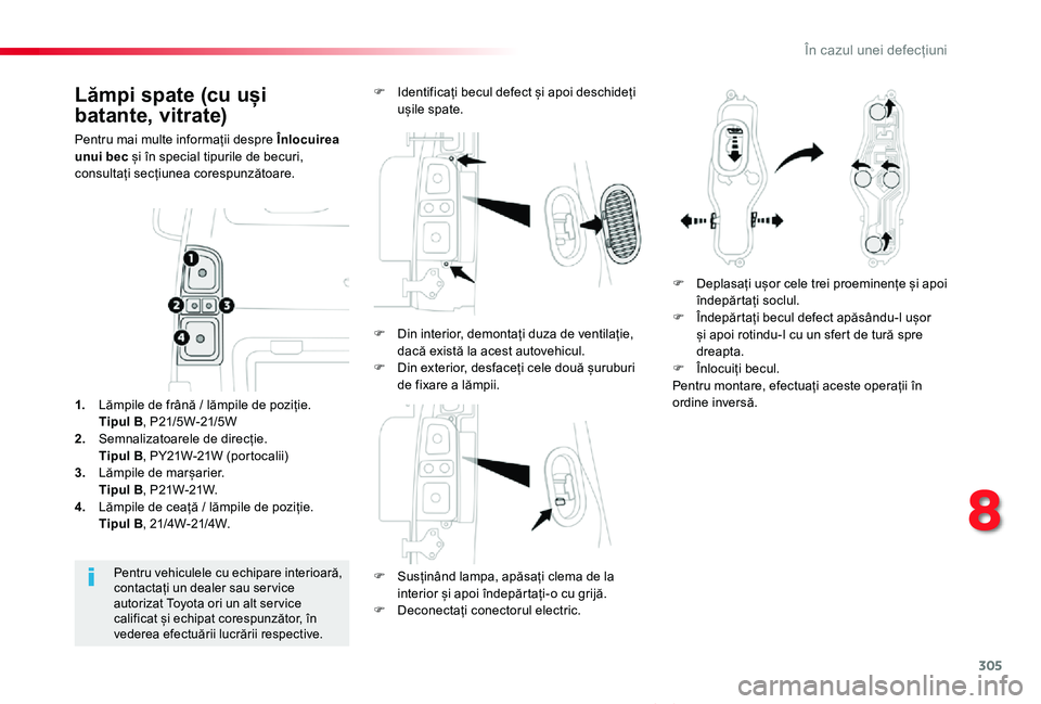 TOYOTA PROACE VERSO 2020 Manual de utilizare (in Romanian) 305
Proace_Verso_RO_Chap08_En-cas-de-panne_ed2019_V02
Lămpi spate (cu uși
batante, vitrate)
Pentru mai multe informații despre Înlocuirea unui bec și în special tipurile de becuri, consultați TOYOTA PROACE VERSO 2020 Manual de utilizare (in Romanian) 305
Proace_Verso_RO_Chap08_En-cas-de-panne_ed2019_V02
Lămpi spate (cu uși
batante, vitrate)
Pentru mai multe informații despre Înlocuirea unui bec și în special tipurile de becuri, consultați