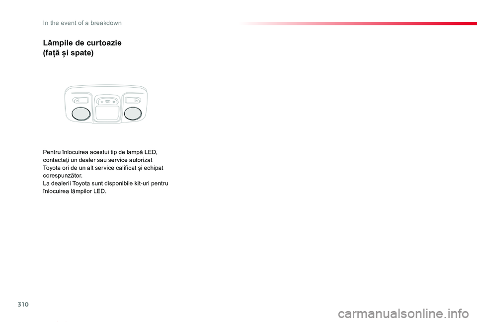 TOYOTA PROACE VERSO 2020 Manual de utilizare (in Romanian) 310
Proace_Verso_RO_Chap08_En-cas-de-panne_ed2019_V02
Lămpile de curtoazie
(față și spate)
Pentru înlocuirea acestui tip de lampă LED, contactați un dealer sau ser vice autorizat Toyota ori de TOYOTA PROACE VERSO 2020 Manual de utilizare (in Romanian) 310
Proace_Verso_RO_Chap08_En-cas-de-panne_ed2019_V02
Lămpile de curtoazie
(față și spate)
Pentru înlocuirea acestui tip de lampă LED, contactați un dealer sau ser vice autorizat Toyota ori de