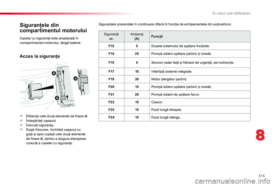 TOYOTA PROACE VERSO 2020 Manual de utilizare (in Romanian) 315
Proace_Verso_RO_Chap08_En-cas-de-panne_ed2019_V02
Siguranțele din
compartimentul motorului
F Eliberați cele două elemente de fixare A.F Îndepărtați capacul.F Înlocuiți siguranța.F După TOYOTA PROACE VERSO 2020 Manual de utilizare (in Romanian) 315
Proace_Verso_RO_Chap08_En-cas-de-panne_ed2019_V02
Siguranțele din
compartimentul motorului
F Eliberați cele două elemente de fixare A.F Îndepărtați capacul.F Înlocuiți siguranța.F După