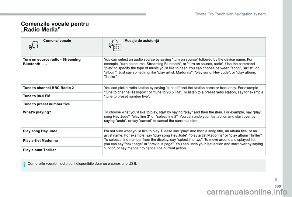TOYOTA PROACE VERSO 2020 Manual de utilizare (in Romanian) 339
Comenzile vocale pentru
„Radio Media”
Comenzi vocaleMesaje de asistență
Turn on source radio - Streaming Bluetooth - …You can select an audio source by saying "turn on source" fol TOYOTA PROACE VERSO 2020 Manual de utilizare (in Romanian) 339
Comenzile vocale pentru
„Radio Media”
Comenzi vocaleMesaje de asistență
Turn on source radio - Streaming Bluetooth - …You can select an audio source by saying "turn on source" fol